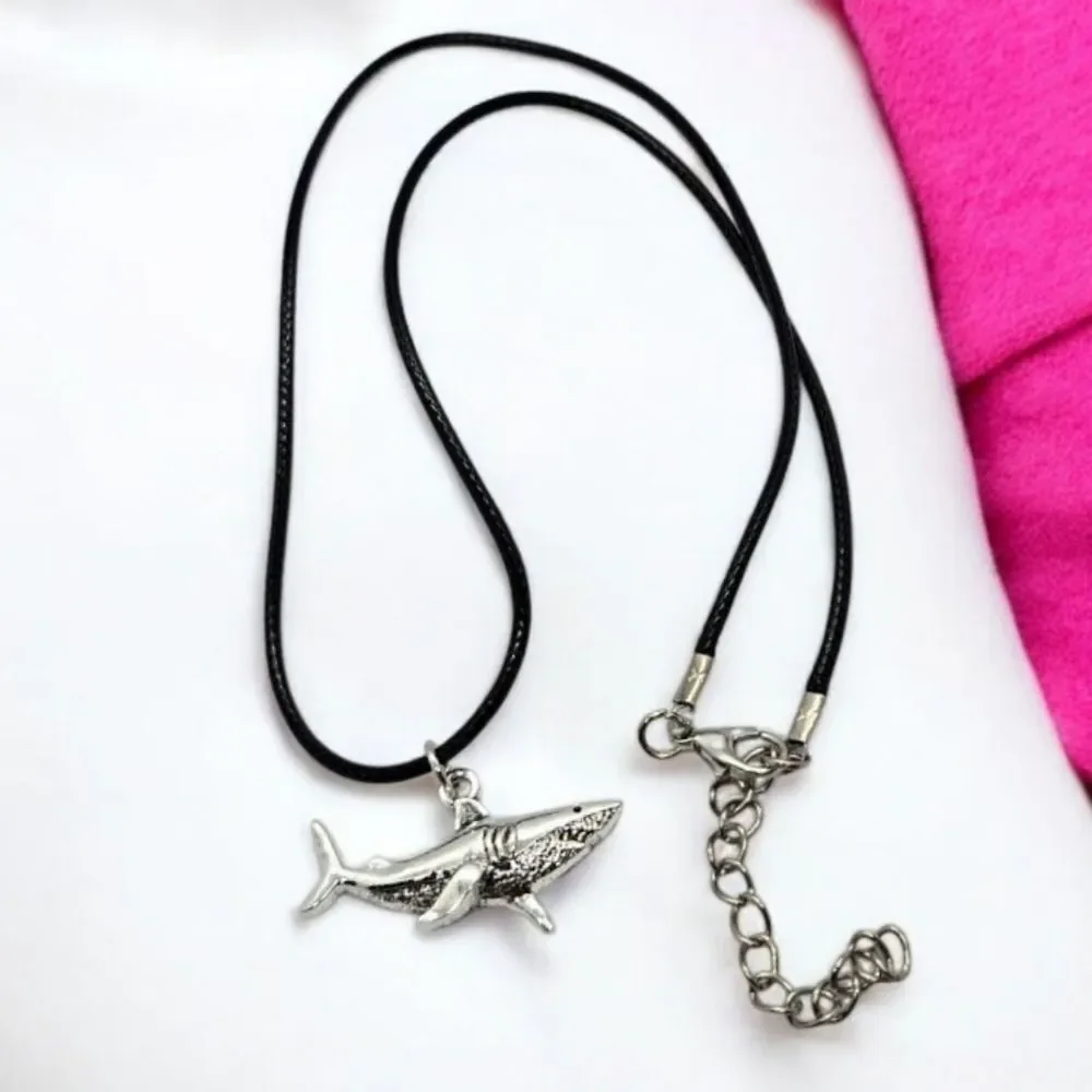 Silver Shark Pendant Nautical Ocean Necklace Black Corded Sea Creature Jewelry